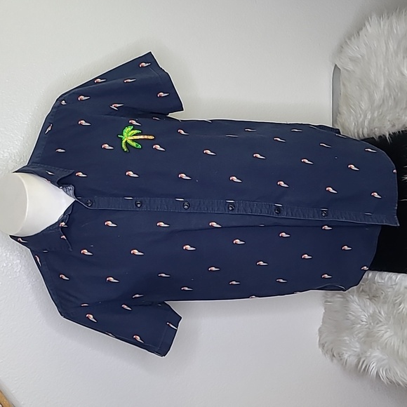 George Other - Shirt Size Medium Short Sleeve Blue Cotton Stretch Parrot Print Slim Fit Palm